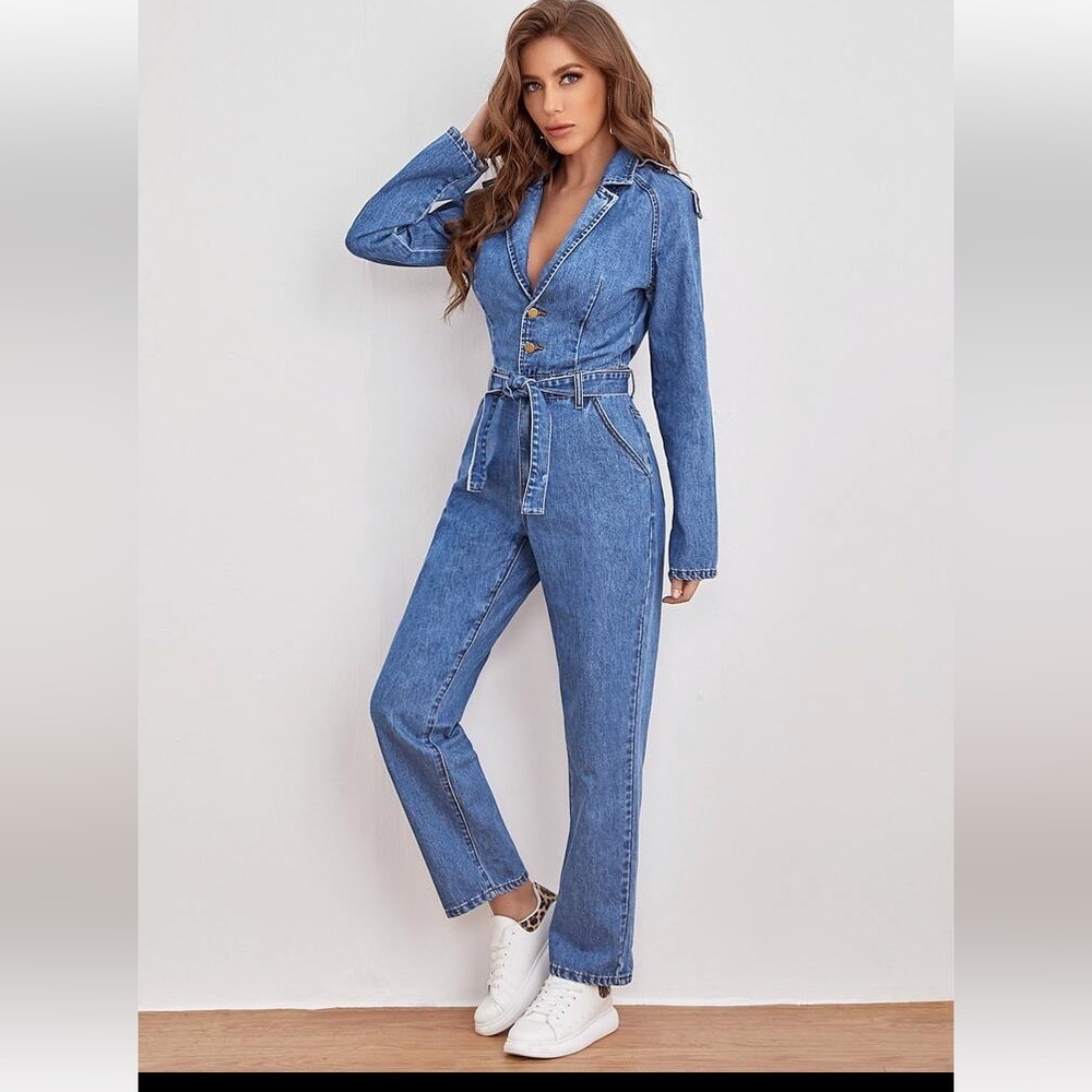 SHEIN Lapel Collar Belted Denim Jumpsuit Size XS Like New Condition